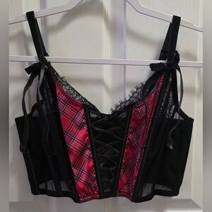 Plaid Lace-Up Corset Top - Black and Red